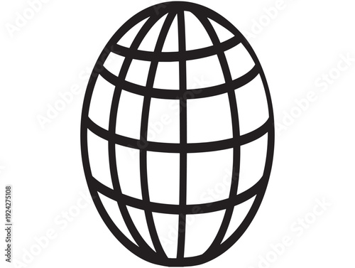 A black and white illustration of a globe with grid lines