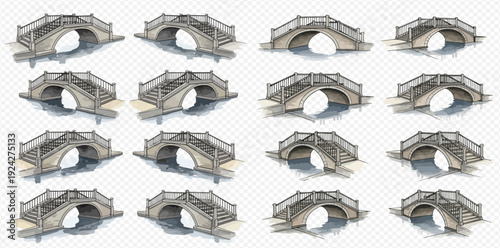 A collection of various isometric stone arch bridges for architectural visualization and game assets.