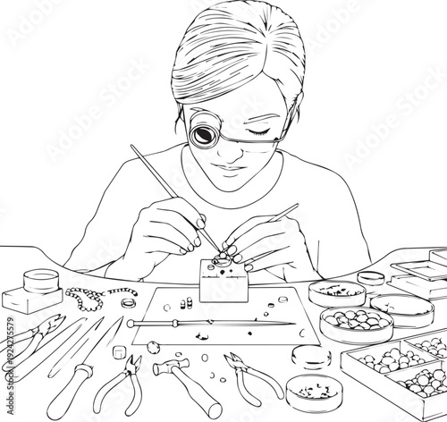 Jeweler crafting beautiful piece with precision tools and beads