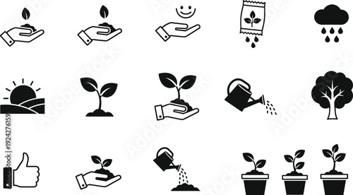 Gardening icon set featuring seedling growth, hands planting seeds, watering cans, trees, sunshine, rain clouds, potted plants, and agriculture sustainability symbols.