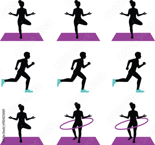 Woman Fitness Exercises Sequence Silhouette Vector Illustration
