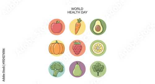 Healthy food icon set, World Health Day. Includes apple, carrot, avocado, pumpkin, strawberry, orange slice, broccoli, pear, tree icons. Created in colorful flat style with vibrant palette.