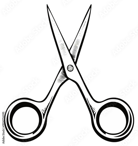 Open scissors with pointed blades and round finger loops in a sketched style