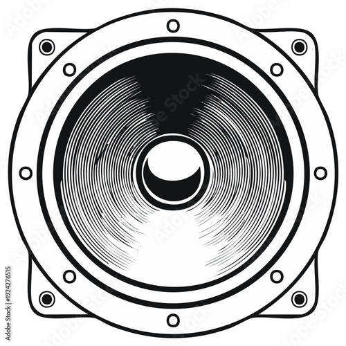 Circular audio speaker cone with textured surface, black and white illustration