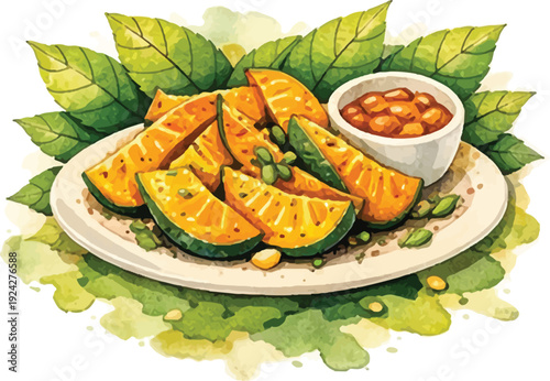 Roasted Pumpkin Slices with Seeds Autumn Side Dish Illustration