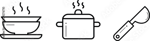 Steaming bowl on plate pot with handle and steam knife on cutting board