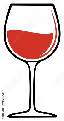 Elegant red wine glass with a filled, flowing beverage, in a simple graphic design
