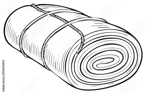 Tightly rolled camping blanket or sleeping bag secured with rope, vintage outdoor adventure equipment illustration