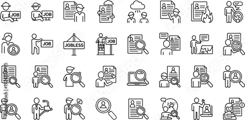 Job search icon set featuring recruitment symbols, resumes, hiring managers, employment opportunities, job seekers, career hunting, vacancy signs, and professional networking.