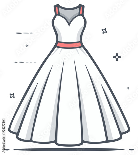 Elegant white wedding dress illustration with design details