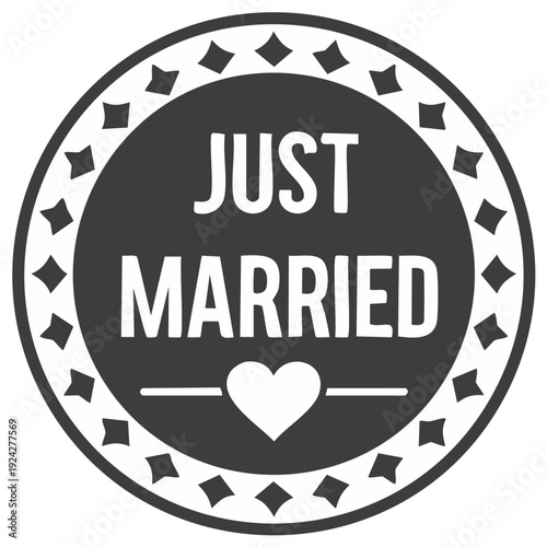 Just Married wedding celebration emblem with a heart icon in a circular seal graphic