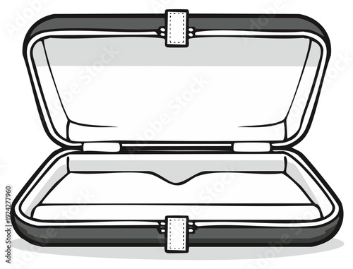 Illustration of an empty gray clamshell case or jewelry box suitable for holding small precious items and presented in an open configuration