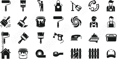 Painting and home renovation icon set featuring professional painters, paint rollers, brushes, buckets, spray guns, sanders, fences, and various DIY tools.