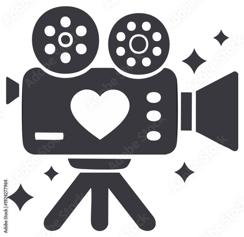 Vintage film camera with heart symbol and sparkles, illustration design