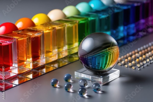 Colorful arrangement of glass spheres and liquid containers displaying a spectrum of colors