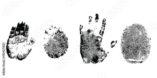 A collection of black handprints and fingerprints on a white background, highlighting unique human identifiers.