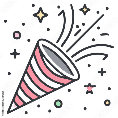Party popper exploding with celebratory confetti and stars