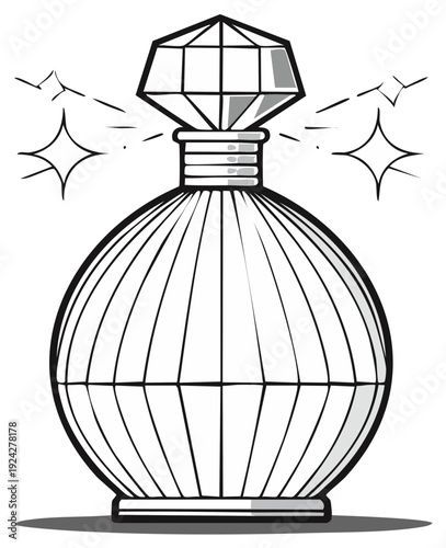 Elegant perfume bottle with a diamond stopper and sparkling effect, vector illustration.