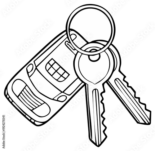 Cartoon Car Key Fob and Two Keys Hand Drawn Style Black and White