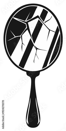 Cracked Hand Mirror Reflects Distortion and Damage in Black and White