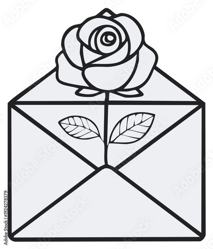 Rose flower growing from envelope symbol of romance and love