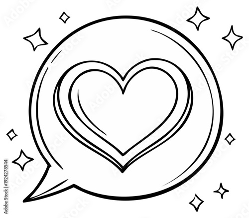 Hand-drawn outline of a heart within a speech bubble with sparkling stars