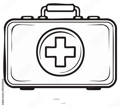 First aid kit outline illustration, medical equipment symbol, emergency case. Vector drawing of safety equipment
