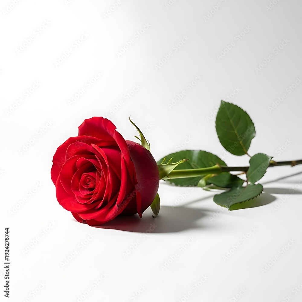Naklejka premium A single red rose with green leaves on a white background.