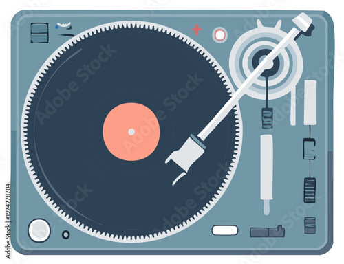 Retro turntable with vinyl record and tonearm for vintage music playback