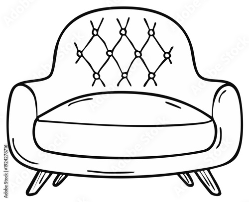 Elegant Tufted Armchair Doodle Style Black Outline Furnishing Home Interior Drawing