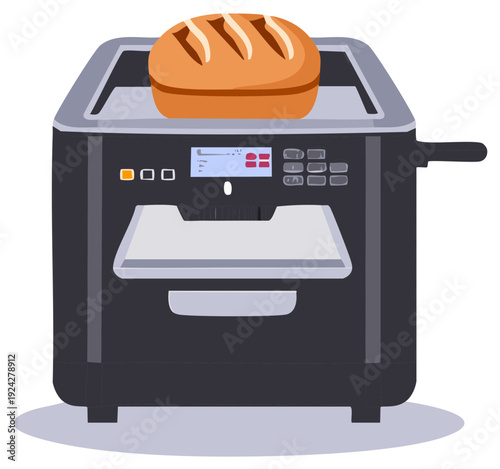 Automatic bread slicer vector drawing with loaf of bread on top bakery equipment in grey and brown