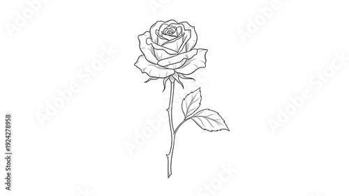 A simple black and white line drawing of a single rose with leaves.