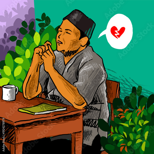 Heartbroken Man Sitting on Park Bench - Emotional Vector Illustration of Sadness and Loneliness in Nature