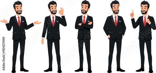 Set of businessman character in black suit and red tie showing various professional poses including okay sign and arms crossed flat vector illustration