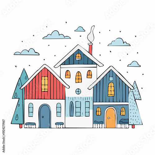 Charming house with red, blue roofs surrounded by trees under cloudy sky