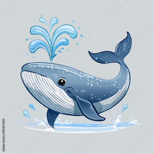 A majestic whale illustration breaching the ocean surface with a splash of water from a playful viewpoint