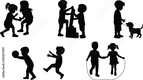 Children, silhouettes, playing, kids, friendship, fun, childhood, activities, jump, rope, ball, dog, sandbox, vector, illustration, isolated, set, happy, playful, collection
