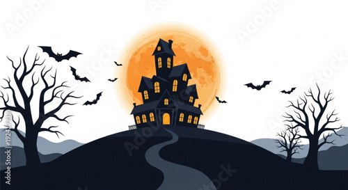 Spooky haunted house on hill with bats flying around at full moon eerie atmosphere with bare trees and winding path