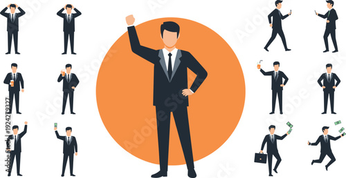 Set of businessman character in black suit showing various poses including success celebration walking and handling money flat vector illustration