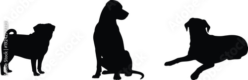 Dog, silhouettes, animals, pet, puppy, canine, standing, sitting, lying, cute, domestic, breed, companion, black, illustration, vector, isolated, set, collection, design