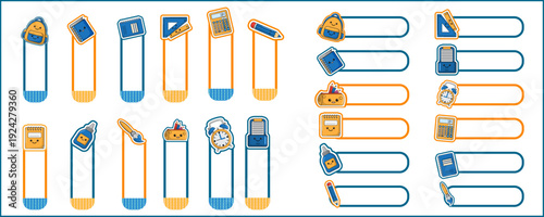 Colorful school supplies bookmarks with smiling stationery