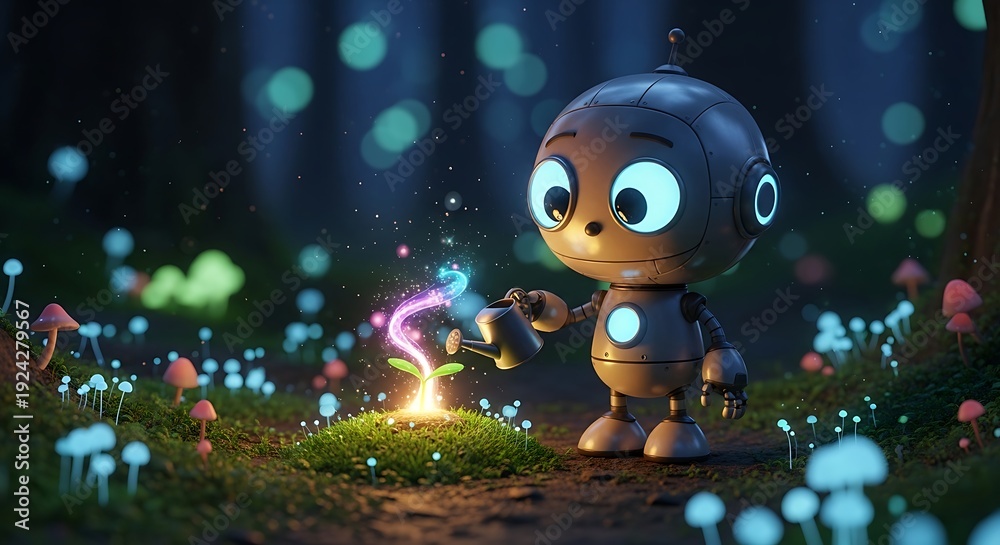 Fototapeta premium A whimsical robot explores a magical, glowing forest at twilight