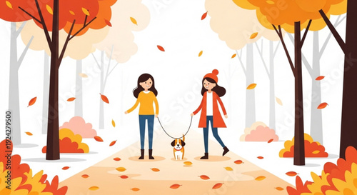 Two women walking dog on autumn path with falling leaves and colorful trees in background