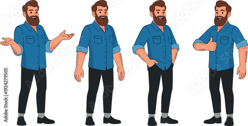 Set of modern casual man character with beard in blue shirt and black pants showing various poses including thumbs up and presenting flat vector illustration
