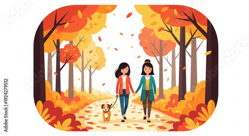 Two women walking hand in hand with a dog on a leafy autumn path