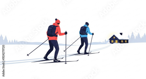 Two people cross country skiing in snowy landscape with house and trees in the background wearing backpacks and holding ski poles