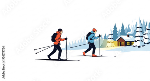 Two skiers in winter landscape with snow covered house and trees skiing adventure