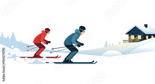 Two skiers navigating through snowy landscape towards a cozy cabin in the mountains winter sports scene