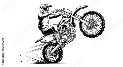 Motocross Rider Performing a Wheelie on a Dirt Bike.
