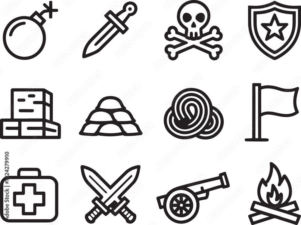 Fototapeta premium Collection of hand-drawn battle and war icon set in outline style
